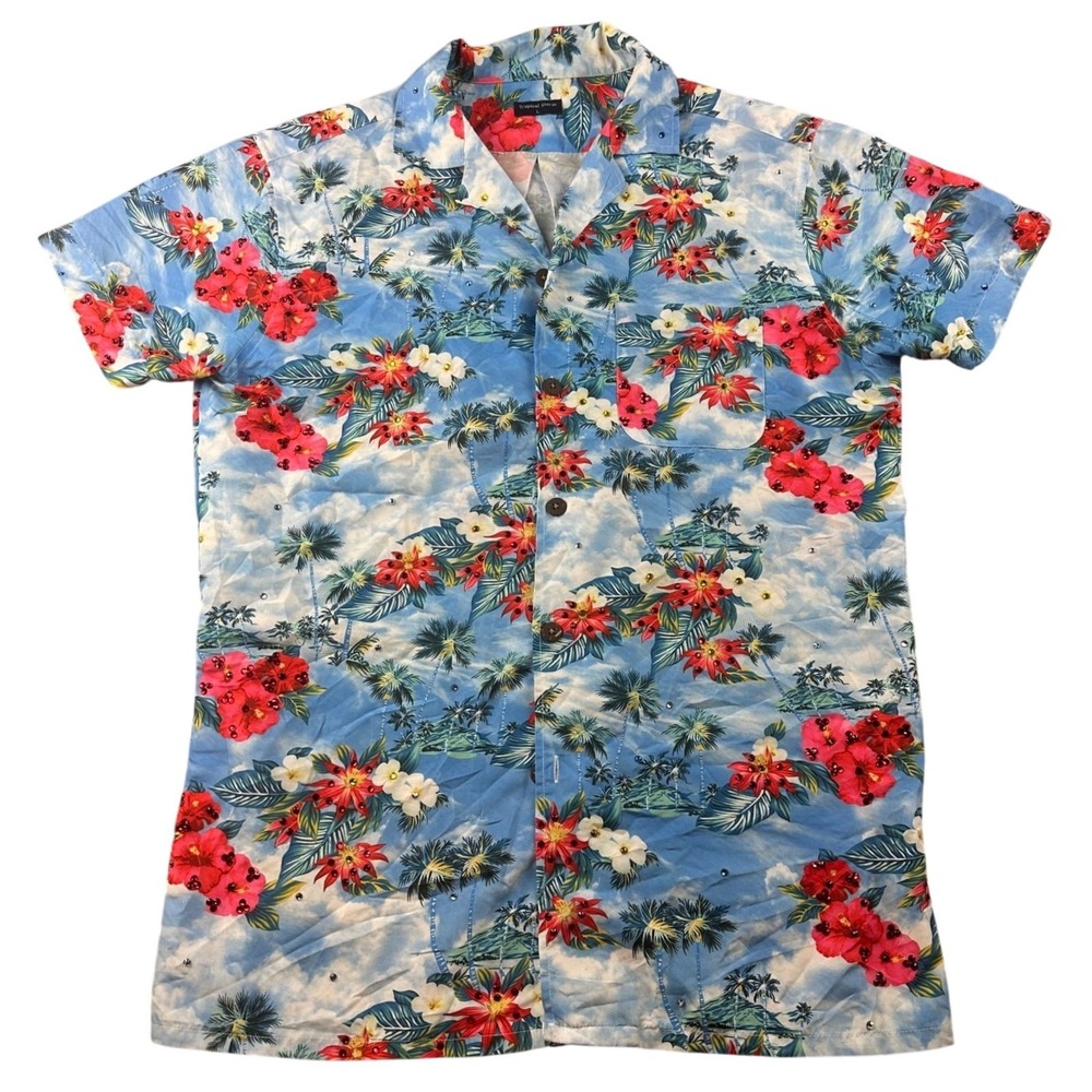 Tropical Storm Button-Up Shirt Men L Blue Floral Palm Tree Rhinestone Hawaiian